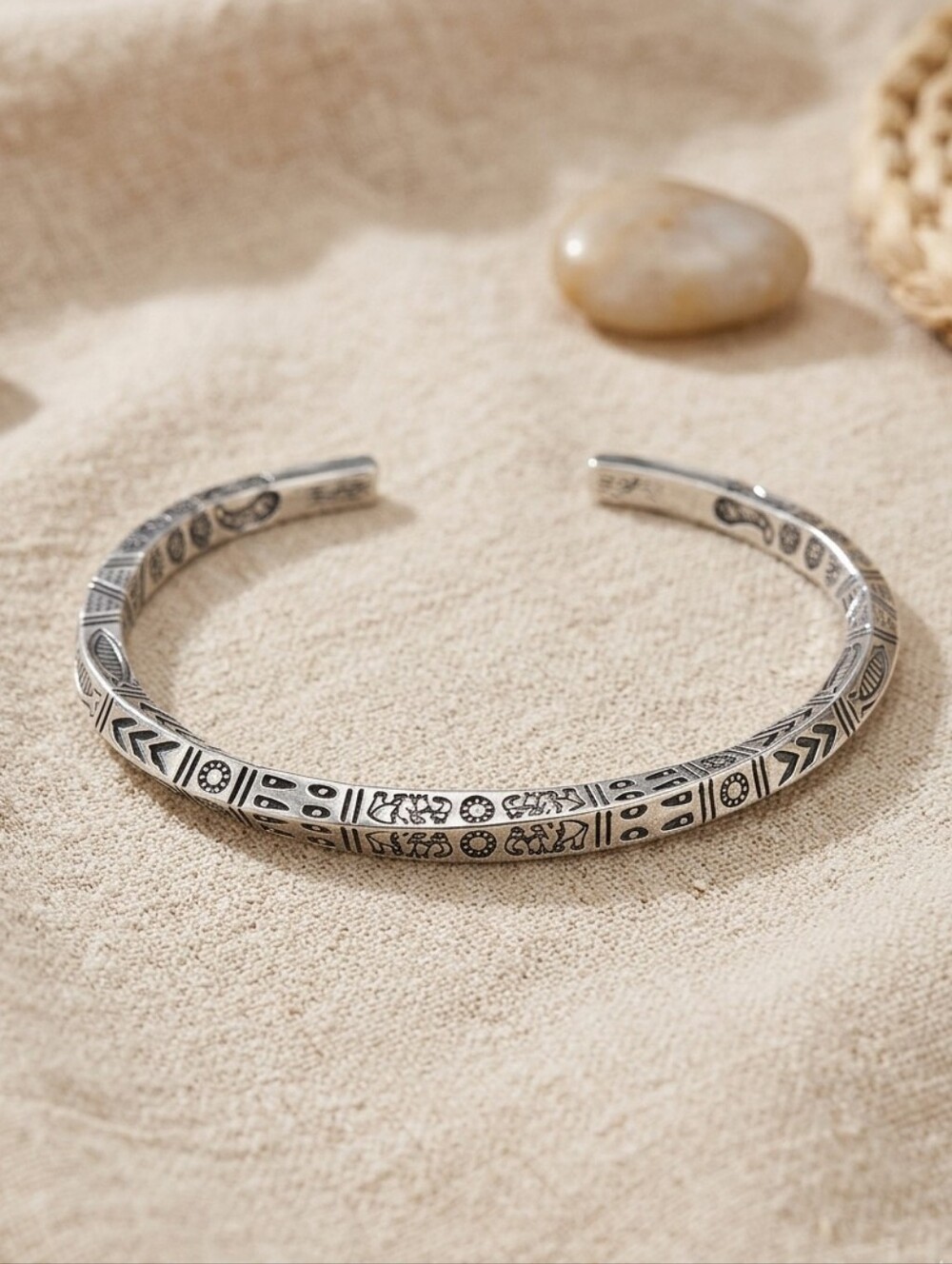 Engraved Silver Tone Tribal Cuff Bracelet Adjustable Unisex - Picture 2 of 4